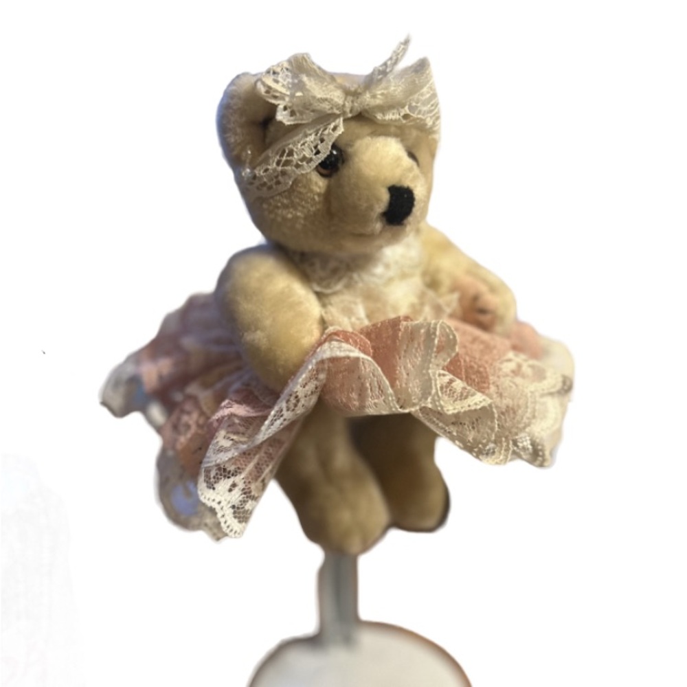 Vintage Beige Teddy Bear Plush Mini Stuffed Animal Toy Pastel Pink Lace 5in